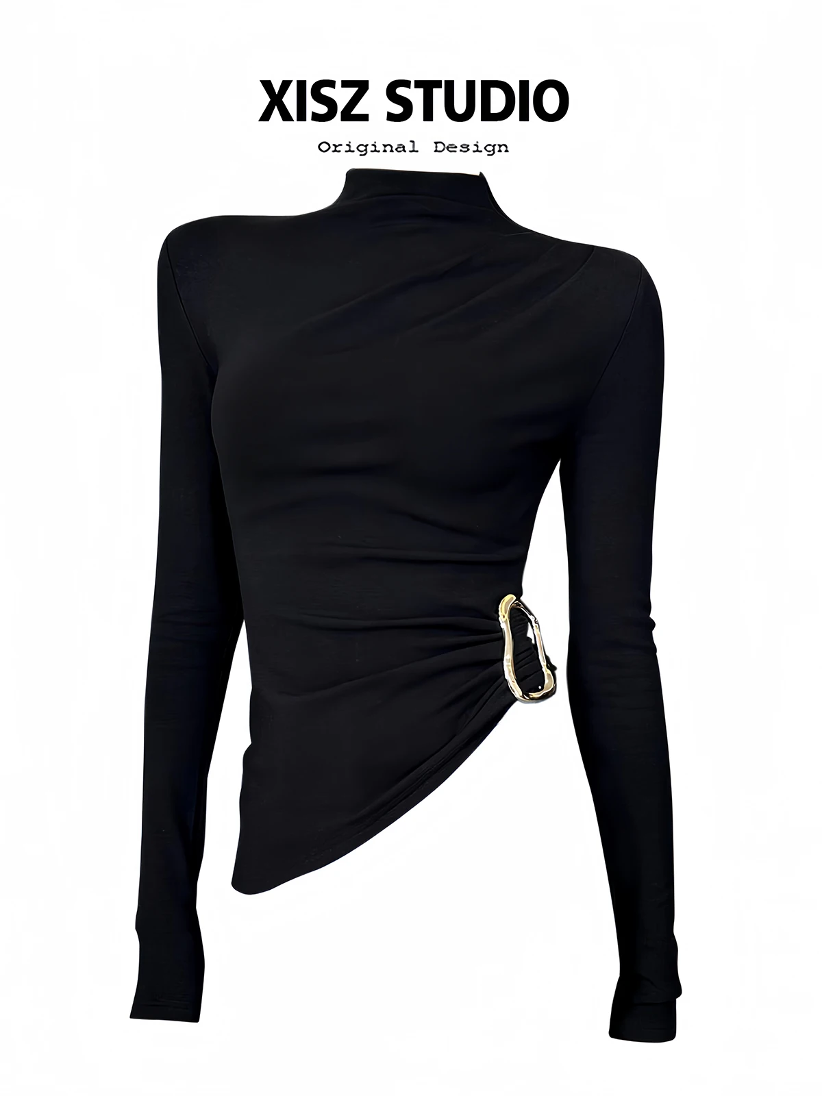 Turtleneck Knit 90S - تي شيرت نسائي أسود على الطراز