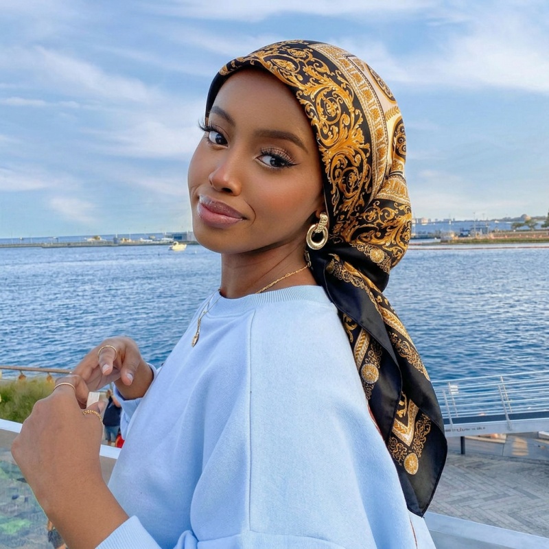 وشاح نسائي مربع من الساتان بتص - مراجعة Vintage Fashion Hijab وسعره